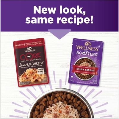 Show full view: Wellness Bowl Boosters Simply Shreds Chicken, Beef & Carrots Natural Grain-Free Wet Dog Food Mixer or Topper, 2.8-oz pouch, bundle of 36  slide 3 of 11