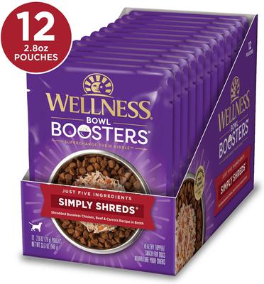 Show full view: Wellness Bowl Boosters Simply Shreds Chicken, Beef & Carrots Natural Grain-Free Wet Dog Food Mixer or Topper, 2.8-oz pouch, bundle of 36  slide 5 of 11