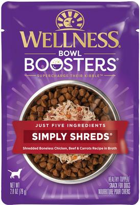 Show full view: Wellness Bowl Boosters Simply Shreds Chicken, Beef & Carrots Natural Grain-Free Wet Dog Food Mixer or Topper, 2.8-oz pouch, bundle of 36  slide 4 of 11