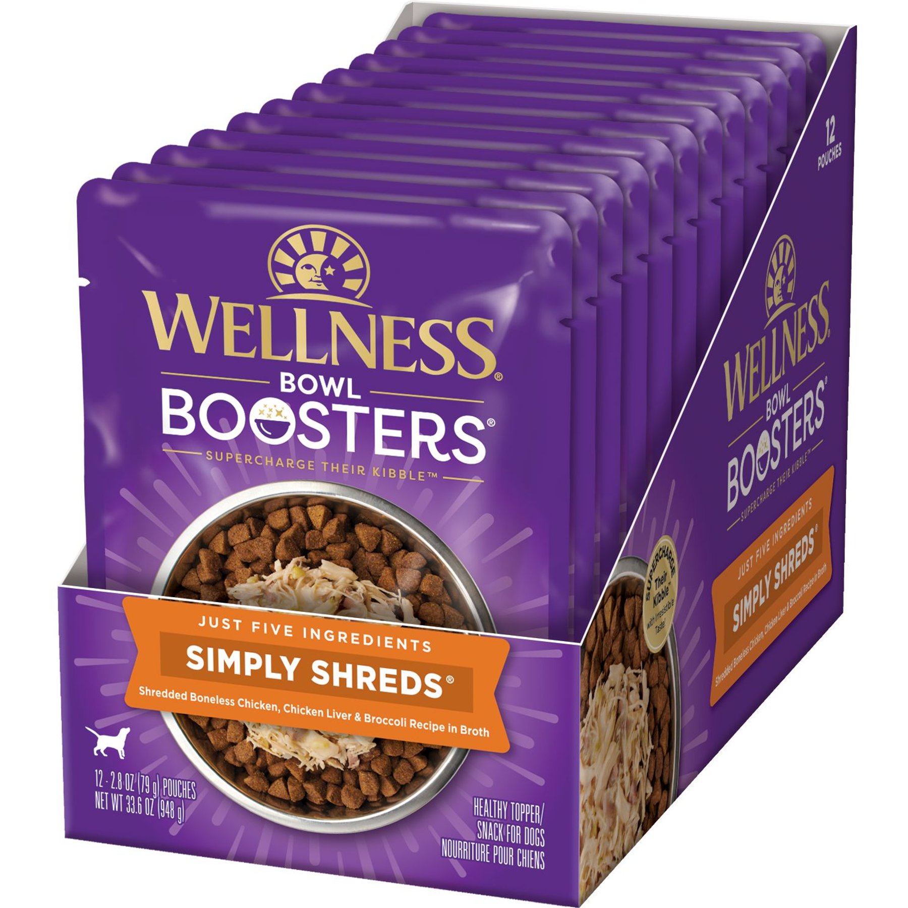 Wellness Bowl Boosters Simply Shreds Chicken Liver & Broccoli Natural Grain-Free Wet Dog Food Mixer or Topper, 2.8-oz pouch, case of 12