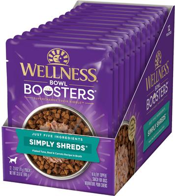 Show full view: Wellness Bowl Boosters Simply Shreds Tuna, Beef & Carrots + Chicken Liver & Broccoli Natural Grain-Free Wet Dog Food Topper slide 2 of 9