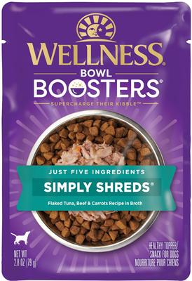 Show full view: Wellness Bowl Boosters Simply Shreds Tuna, Beef & Carrots + Chicken Liver & Broccoli Natural Grain-Free Wet Dog Food Topper slide 3 of 9
