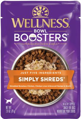 Show full view: Wellness Bowl Boosters Simply Shreds Tuna, Beef & Carrots + Chicken Liver & Broccoli Natural Grain-Free Wet Dog Food Topper slide 7 of 9