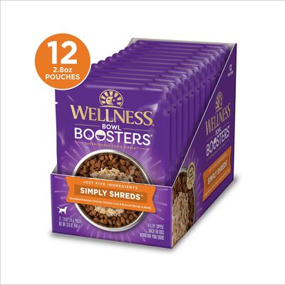 Show full view: Wellness Bowl Boosters Simply Shreds Tuna, Beef & Carrots + Chicken Liver & Broccoli Natural Grain-Free Wet Dog Food Topper slide 8 of 9