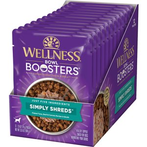 Wellness Bowl Boosters Simply Shreds Tuna, Beef & Carrots Natural Grain-Free Wet Dog Food Mixer or Topper, 2.8-oz pouch, case of 12