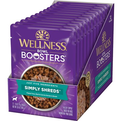Wellness Wellness Bowl Boosters Simply Shreds Tuna, Beef & Carrots Natural Grain-Free Wet Dog Food Mixer or Topper, 2.8-oz pouch, case of 12