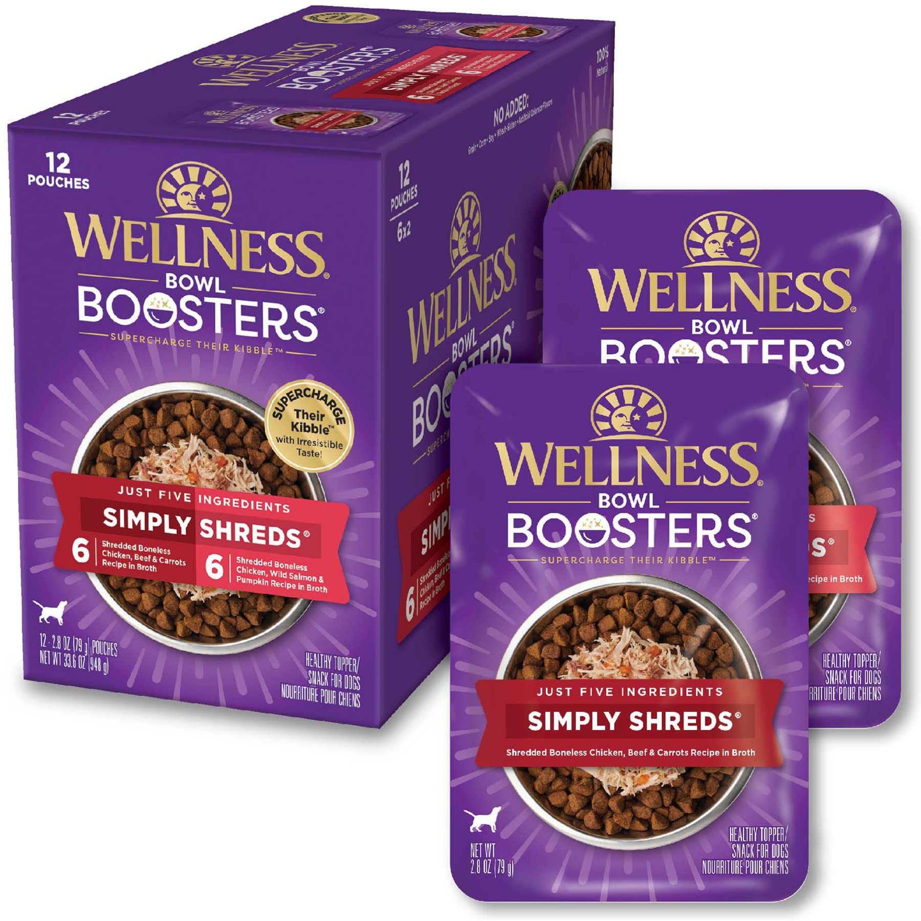 Wellness Bowl Boosters Simply Shreds Variety Pack Dog Food Topping, 2.8-oz pouch, bundle of 48