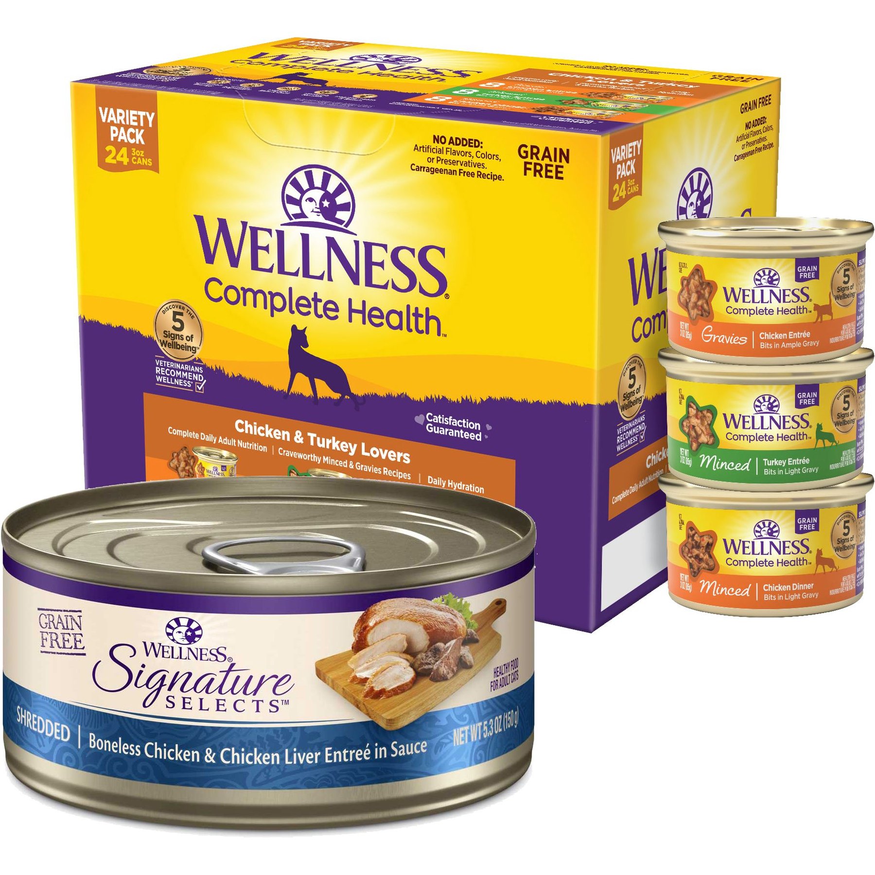 Wellness Chicken & Turkey Lovers Canned Cat Food, 3-oz, case of 24 + Wellness CORE Signature Selects Shredded Boneless Chicken & Chicken Liver Entree in Sauce Grain-Free Canned Cat Food, 5.3-oz, case of 12