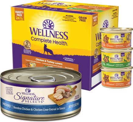 Show full view: Wellness Chicken & Turkey Lovers Canned Cat Food, 3-oz, case of 24 + Wellness CORE Signature Selects Shredded Boneless Chicken & Chicken Liver Entree in Sauce Grain-Free Canned Cat Food, 5.3-oz, case of 12 slide 1 of 9