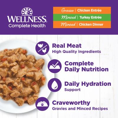 Show full view: Wellness Chicken & Turkey Lovers Canned Cat Food, 3-oz, case of 24 + Wellness CORE Signature Selects Shredded Boneless Chicken & Chicken Liver Entree in Sauce Grain-Free Canned Cat Food, 5.3-oz, case of 12 slide 8 of 9