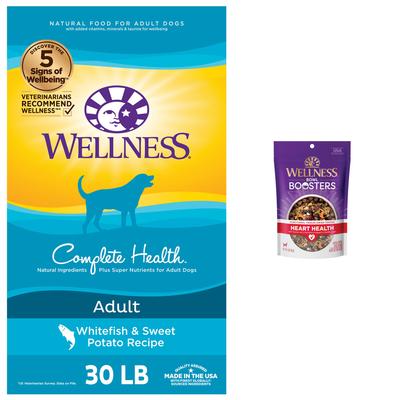 Show full view: Wellness Complete Health Adult Whitefish & Sweet Potato Recipe Dry Food + CORE Bowl Boosters Heart Health Dry Dog Food Topper slide 1 of 9