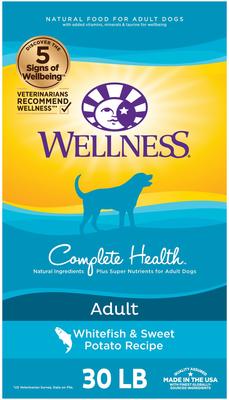 Show full view: Wellness Complete Health Adult Whitefish & Sweet Potato Recipe Dry Food + CORE Bowl Boosters Heart Health Dry Dog Food Topper slide 2 of 9