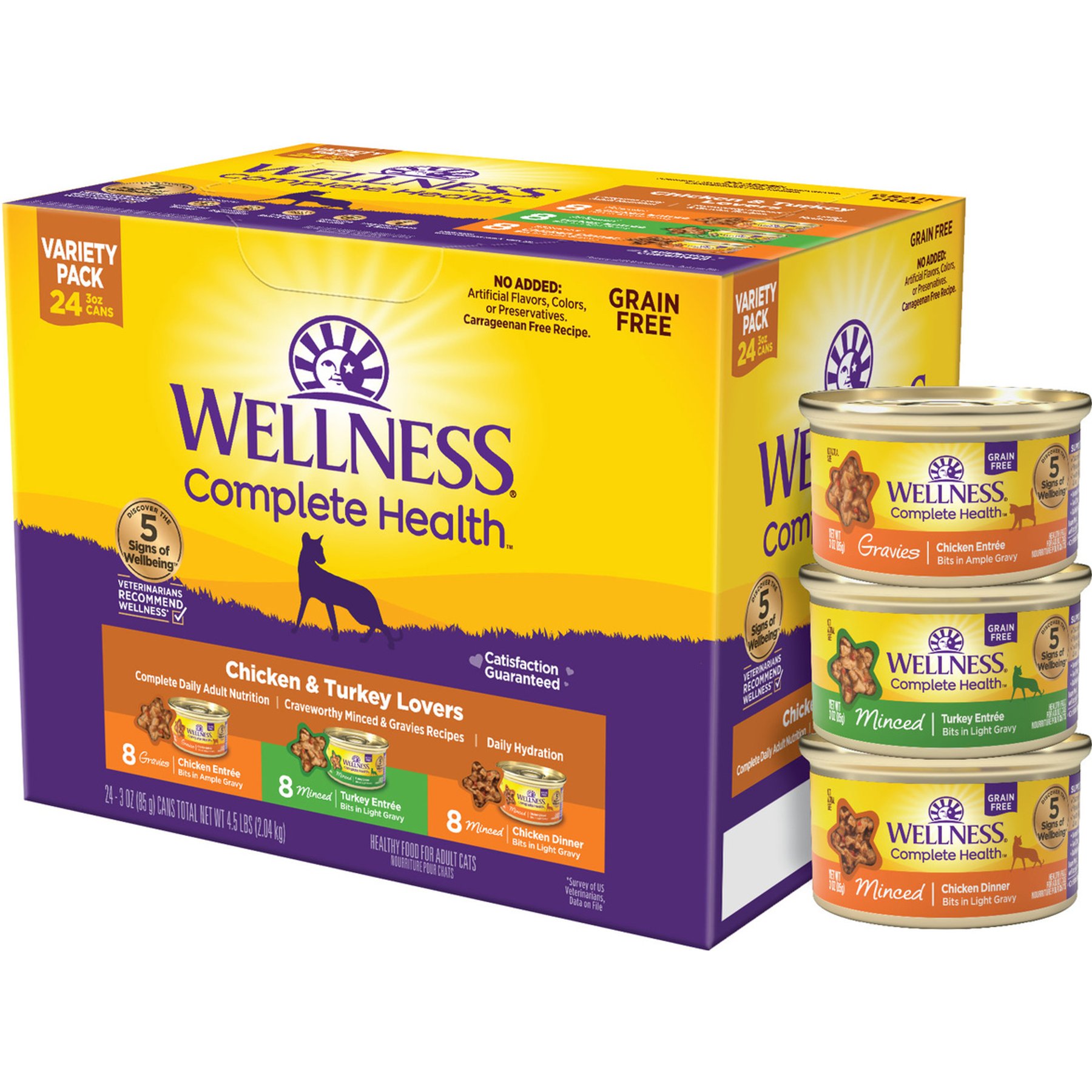 Wellness Complete Health Gravies & Minced Chicken & Turkey Lovers Variety Pack Natural Grain-Free Wet Cat Food, 3-oz, case of 4
