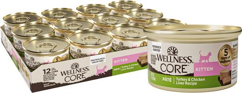 Show full view: Wellness Complete Health Kitten Formula Grain-Free Canned Food + CORE Natural Grain-Free Turkey & Chicken Liver Pate Canned Kitten Food slide 6 of 9