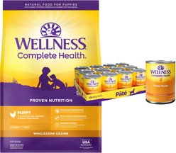 Wellness Complete Health Puppy Deboned Chicken, Oatmeal & Salmon Meal Recipe Dry Dog Food, 15-lb bag + Wellness Complete Health Just for Puppy Canned Dog Food, 12.5-oz, case of 12