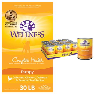 Show full view: Wellness Complete Health Puppy Deboned Chicken, Oatmeal & Salmon Meal Recipe Dry Dog Food, 30-lb bag + Wellness Complete Health Just for Puppy Canned Dog Food, 12.5-oz, case of 12 slide 1 of 9