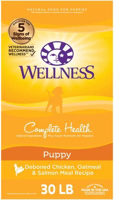 Show full view: Wellness Complete Health Puppy Deboned Chicken, Oatmeal & Salmon Meal Recipe Dry Dog Food, 30-lb bag + Wellness Complete Health Just for Puppy Canned Dog Food, 12.5-oz, case of 12 slide 6 of 9