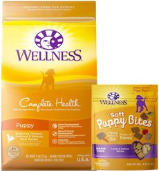 Wellness Complete Health Puppy Deboned Chicken, Oatmeal & Salmon Meal Recipe Dry Food + Soft Puppy Bites Lamb & Salmon Recipe Grain-Free Dog Treats