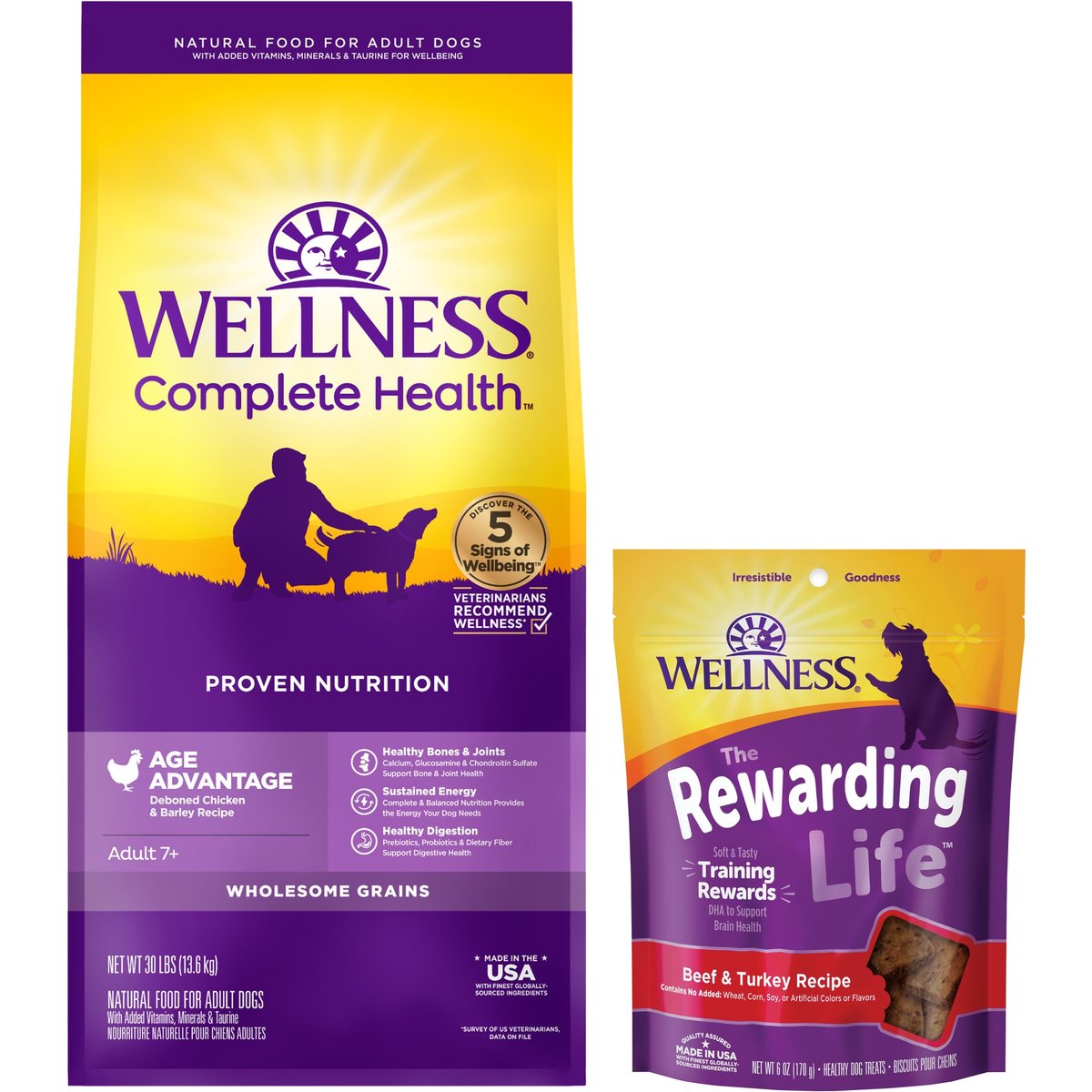 Wellness Complete Health Senior Deboned Chicken & Barley Recipe Dry Dog Food, 30-lb bag + Wellness WellBites Beef & Turkey Recipe Soft & Chewy Grain-Free Dog Treats, 6-oz bag