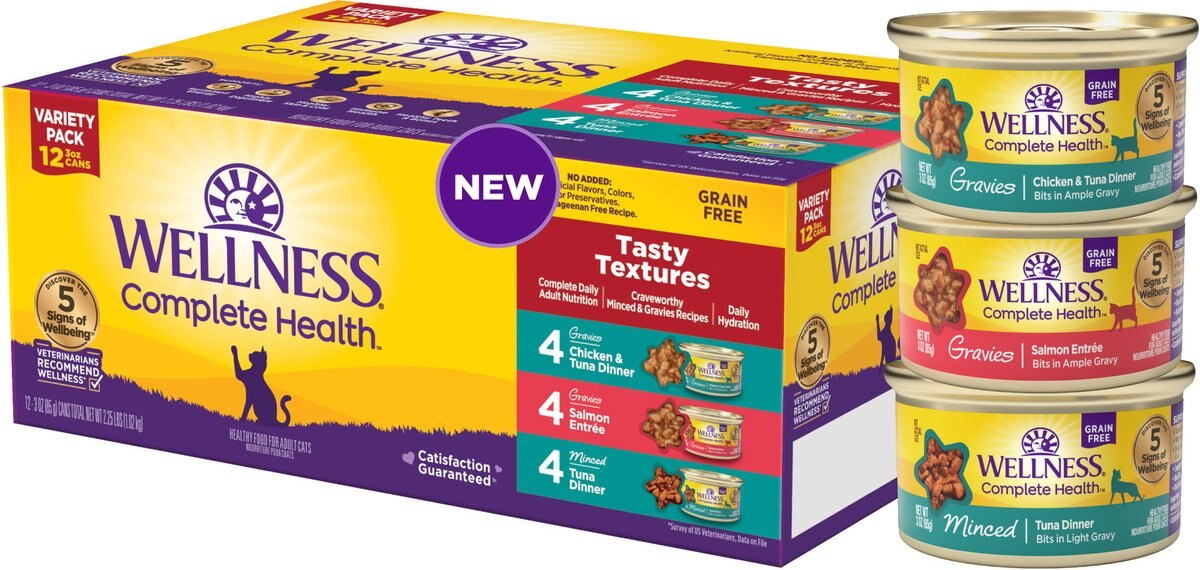 Wellness Complete Health Tasty Textures Variety Pack Natural Salmon, Tuna & Chicken Recipes Wet Cat Food, 3-oz can, case of 12