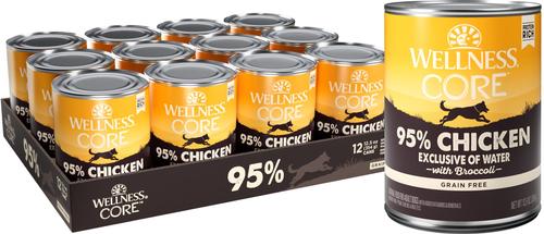 Show full view: Wellness CORE 95% Grain-Free Chicken & Broccoli Canned Dog Food, 12.5-oz, case of 12 slide 1 of 9