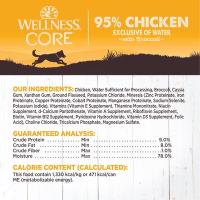 Show full view: Wellness CORE 95% Grain-Free Chicken & Broccoli Canned Dog Food, 12.5-oz, case of 12 slide 6 of 9