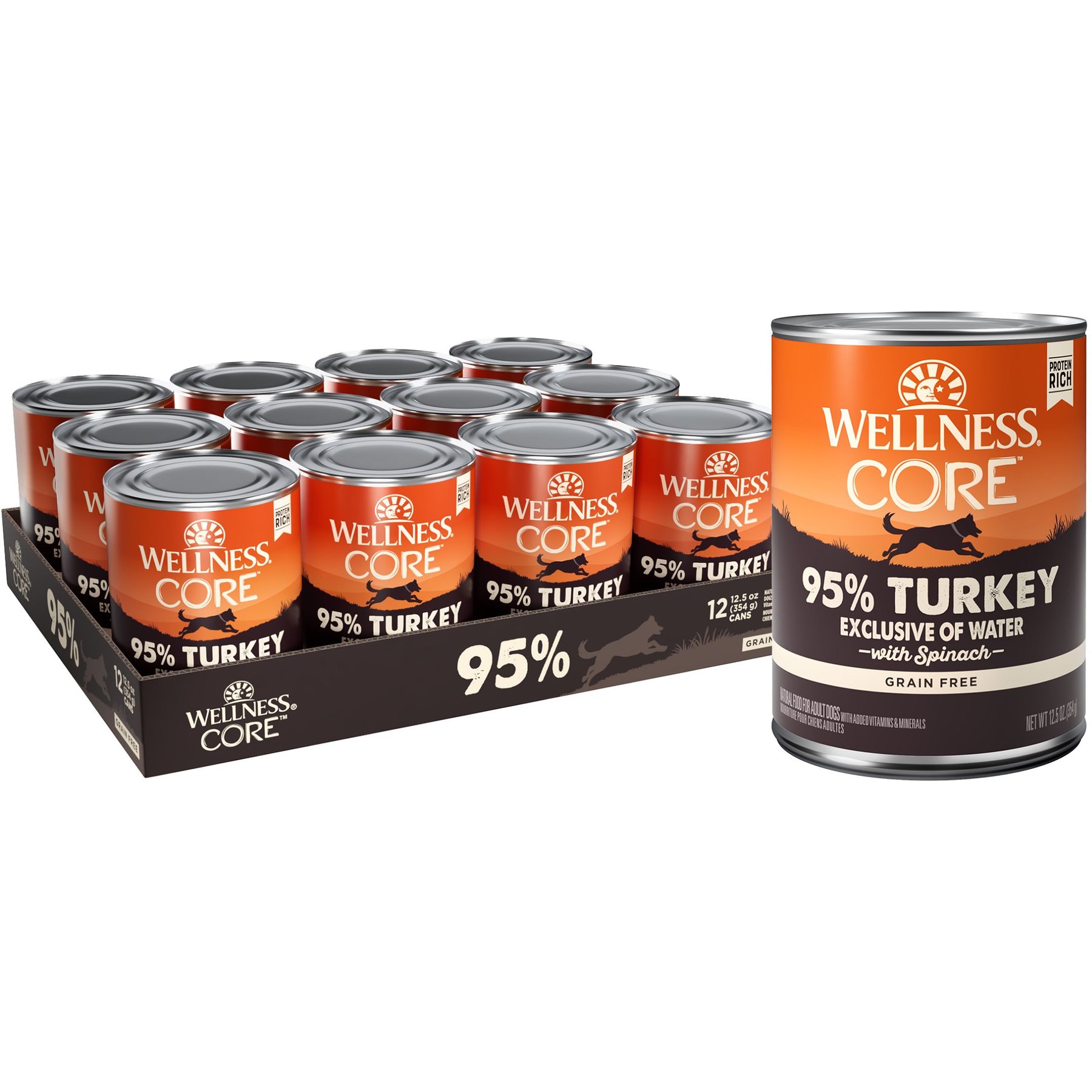 Wellness CORE 95% Grain-Free Turkey & Spinach Canned Dog Food, 12.5-oz, case of 12