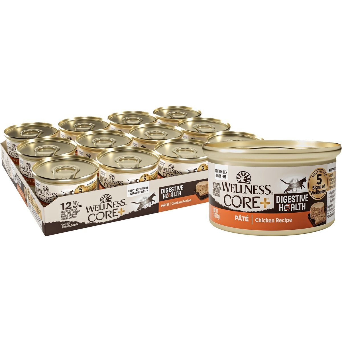 Wellness CORE+ Digestive Health Pate Chicken Natural Grain-Free Wet Cat Food, 3-oz can, case of 12