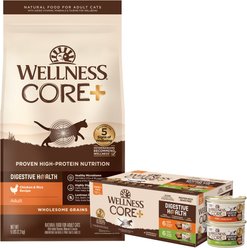 Wellness CORE Digestive Health Chicken & Turkey Pate Variety Pack Wet Food + Wholesome Grains Chicken & Rice Recipe Dry Cat Food