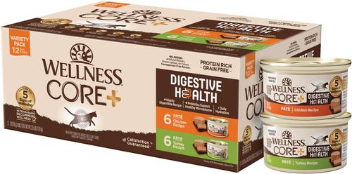 Show full view: Wellness CORE Digestive Health Chicken & Turkey Pate Variety Pack Wet Food + Wholesome Grains Chicken & Rice Recipe Dry Cat Food slide 6 of 9