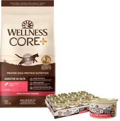 Wellness CORE Digestive Health Salmon Pate Recipe Grain-Free Wet Cat Food, 3-oz, case of 12 & Wellness CORE Digestive Health Wholesome Grains Salmon & Rice Recipe Dry Cat Food, 5-lb bag