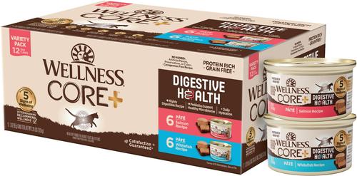 Show full view: Wellness CORE Digestive Health Salmon & Whitefish Pate Grain-Free Variety Pack Wet Cat Food, 3-oz, case of 12 slide 1 of 11