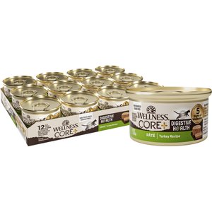 Wellness CORE+ Digestive Health Turkey Pate Grain-Free Natural Wet Cat Food, 3-oz can, case of 12