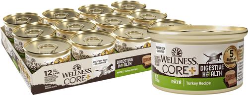Show full view: Wellness CORE+ Digestive Health Turkey Pate Grain-Free Natural Wet Cat Food, 3-oz can, case of 12 slide 1 of 11