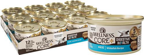 Show full view: Wellness CORE+ Digestive Health Whitefish Pate Grain-Free Natural Wet Cat Food, 3-oz can, case of 12 slide 1 of 11
