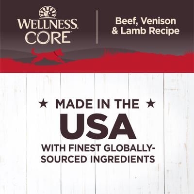 Show full view: Wellness CORE Grain-Free Beef, Venison & Lamb Formula Canned Dog Food, 12.5-oz, case of 12 slide 4 of 10