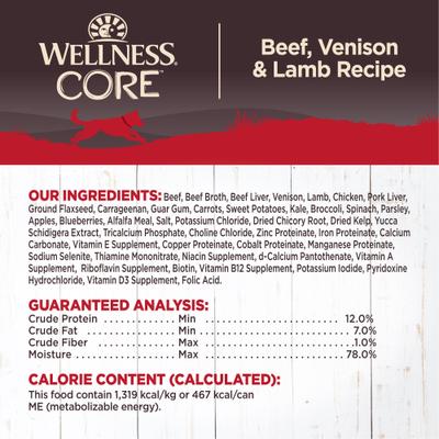 Show full view: Wellness CORE Grain-Free Beef, Venison & Lamb Formula Canned Dog Food, 12.5-oz, case of 12 slide 6 of 10