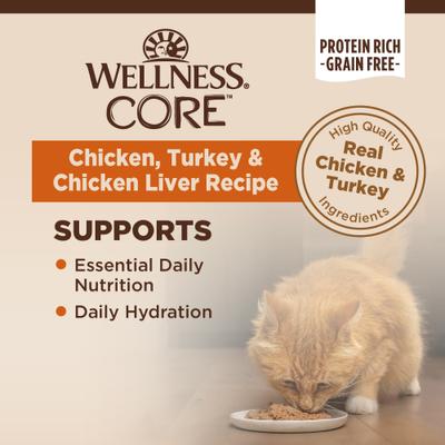 Show full view: Wellness CORE Grain-Free Chicken, Turkey & Chicken Liver Formula Canned Cat Food, 5.5-oz, case of 24 slide 3 of 12