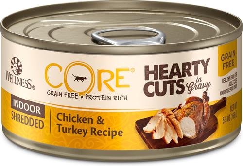 Show full view: Wellness CORE Grain-Free Hearty Cuts in Gravy Indoor Shredded Chicken & Turkey Recipe Canned Cat Food, 5.5-oz, case of 24 slide 1 of 13