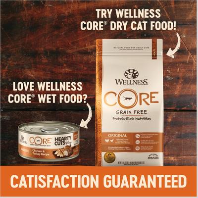 Show full view: Wellness CORE Grain-Free Hearty Cuts in Gravy Indoor Shredded Chicken & Turkey Recipe Canned Cat Food, 5.5-oz, case of 24 slide 6 of 13