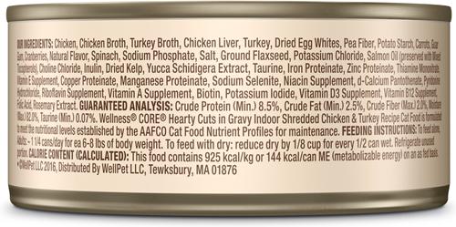 Show full view: Wellness CORE Grain-Free Hearty Cuts in Gravy Indoor Shredded Chicken & Turkey Recipe Canned Cat Food, 5.5-oz, case of 24 slide 10 of 13