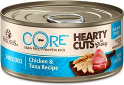 Wellness CORE Grain-Free Hearty Cuts in Gravy Shredded Chicken & Tuna Recipe Canned Cat Food, 5.5-oz, case of 24