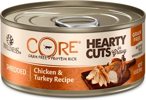 Show full view: Wellness CORE Grain-Free Hearty Cuts in Gravy Shredded Chicken & Turkey Recipe Canned Cat Food, 5.5-oz, case of 24 slide 1 of 11