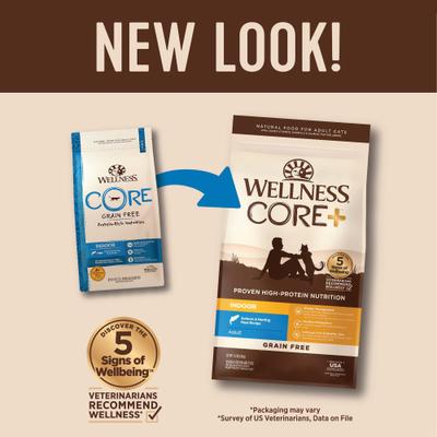 Show full view: Wellness CORE+ Grain-Free Indoor Salmon & Herring Meal Recipe Dry Cat Food, 11-lb bag slide 3 of 11