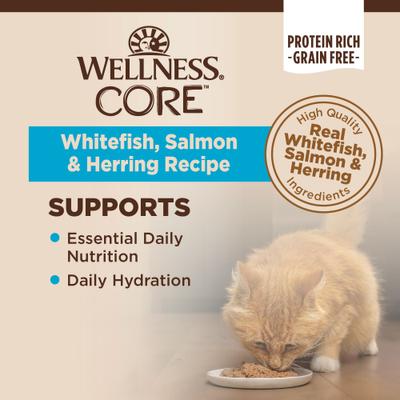 Show full view: Wellness CORE Grain-Free Salmon, Whitefish & Herring Pate Canned Cat Food, 5.5-oz, case of 24 slide 4 of 13