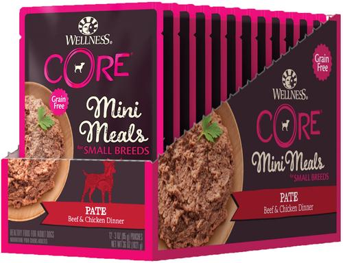 Show full view: Wellness CORE Grain-Free Small Breed Mini Meals Beef & Chicken Pate Dog Food Pouches, 3-oz, case of 12 slide 10 of 12