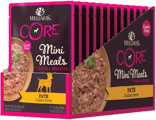 Show full view: Wellness CORE Grain-Free Small Breed Mini Meals Chicken Pate Dog Food Pouches, 3-oz, case of 12 slide 10 of 12
