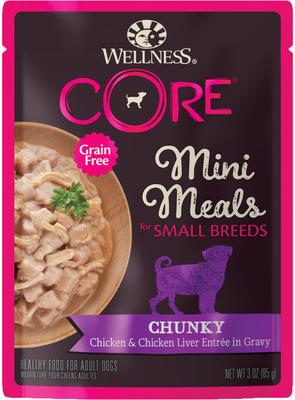 Show full view: Wellness CORE Grain-Free Small Breed Mini Meals Chunky Chicken & Chicken Liver in Gravy Dog Food Pouches, 3-oz, case of 12 slide 1 of 12