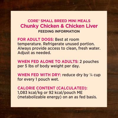 Show full view: Wellness CORE Grain-Free Small Breed Mini Meals Chunky Chicken & Chicken Liver in Gravy Dog Food Pouches, 3-oz, case of 12 slide 7 of 12
