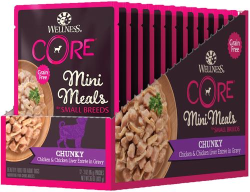 Show full view: Wellness CORE Grain-Free Small Breed Mini Meals Chunky Chicken & Chicken Liver in Gravy Dog Food Pouches, 3-oz, case of 12 slide 10 of 12